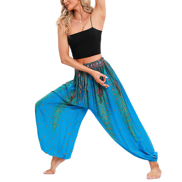 Buddha Stones Peacock Feather Pattern Loose Harem Trousers Women's Yoga Pants