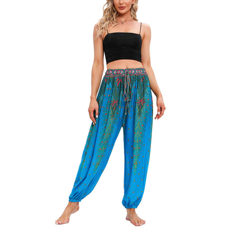 Buddha Stones Peacock Feather Pattern Loose Harem Trousers Women's Yoga Pants