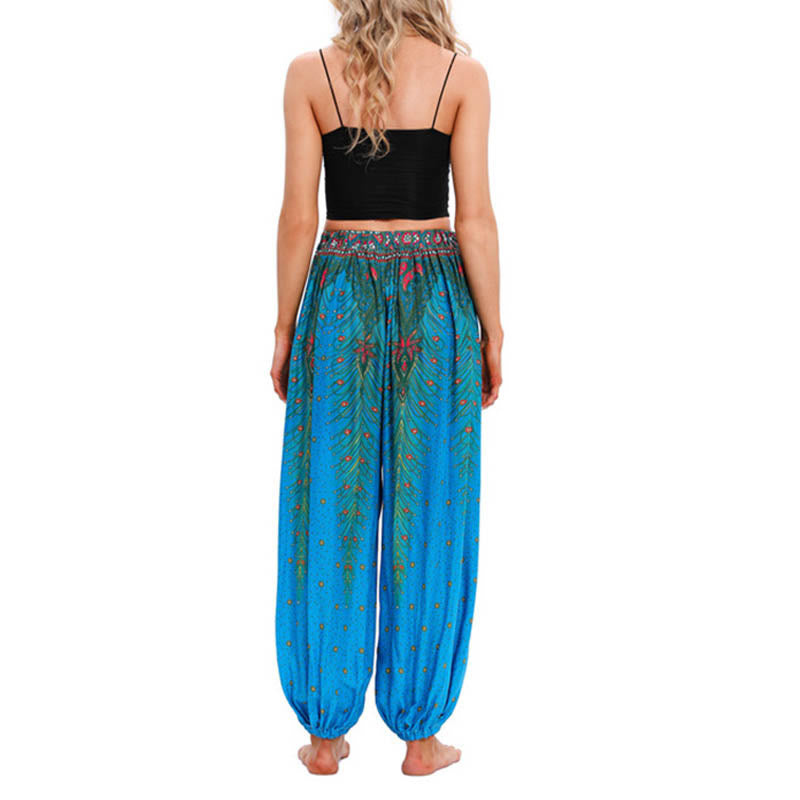 Buddha Stones Peacock Feather Pattern Loose Harem Trousers Women's Yoga Pants