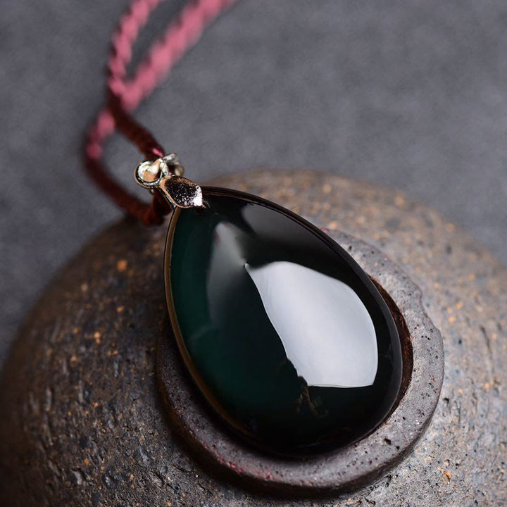 Buddha Stones Gold Sheen Obsidian Black Obsidian Rainbow Obsidian Wealth Water Drop Necklace Pendant