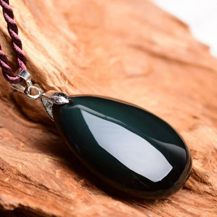 Buddha Stones Gold Sheen Obsidian Black Obsidian Rainbow Obsidian Wealth Water Drop Necklace Pendant