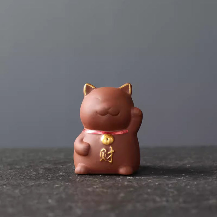 Buddha Stones Mini Lucky Cat Wealth Tea Pet Purple Clay Figurine Decoration - Red 4*3.8*5.5cm - image 0