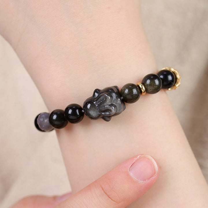 Buddha Stones Gold Sheen Obsidian Black Obsidian Silver Sheen Obsidian Cute Rabbit Protection Bracelet