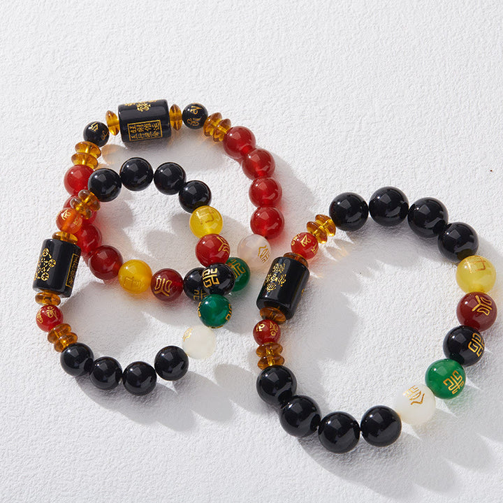 Buddha Stones Five Elements Black Onyx Red Agate Wisdom Wealth Bracelet