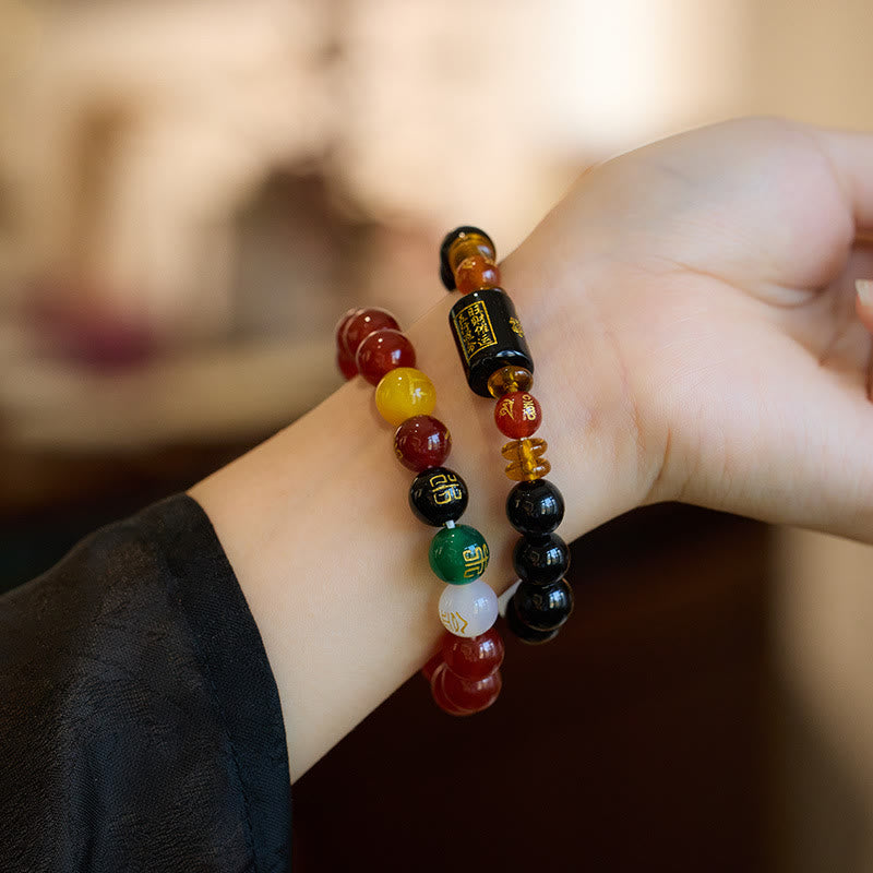 Buddha Stones Five Elements Black Onyx Red Agate Wisdom Wealth Bracelet