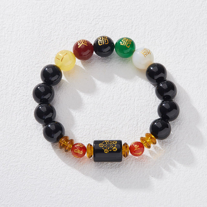 Buddha Stones Five Elements Black Onyx Red Agate Wisdom Wealth Bracelet