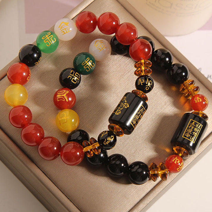 Buddha Stones Five Elements Black Onyx Red Agate Wisdom Wealth Bracelet