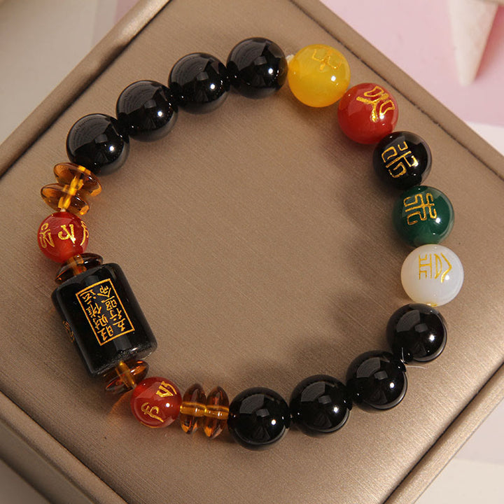 Buddha Stones Five Elements Black Onyx Red Agate Wisdom Wealth Bracelet