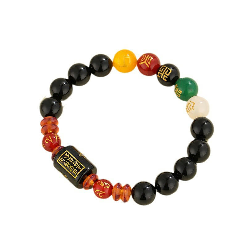 Buddha Stones Five Elements Black Onyx Red Agate Wisdom Wealth Bracelet