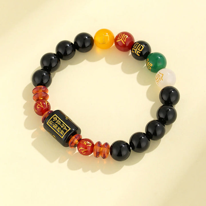 Buddha Stones Five Elements Black Onyx Red Agate Wisdom Wealth Bracelet