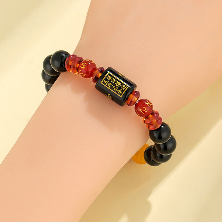 Buddha Stones Five Elements Black Onyx Red Agate Wisdom Wealth Bracelet