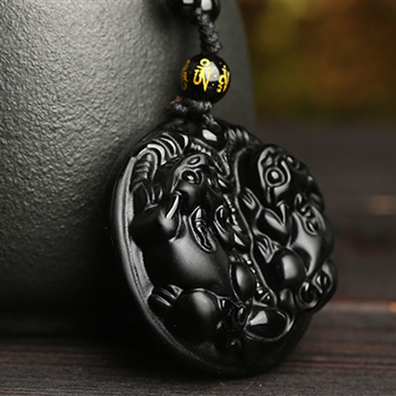 Buddha Stones Black Obsidian Double Pixiu Bead Rope Purification Necklace Pendant