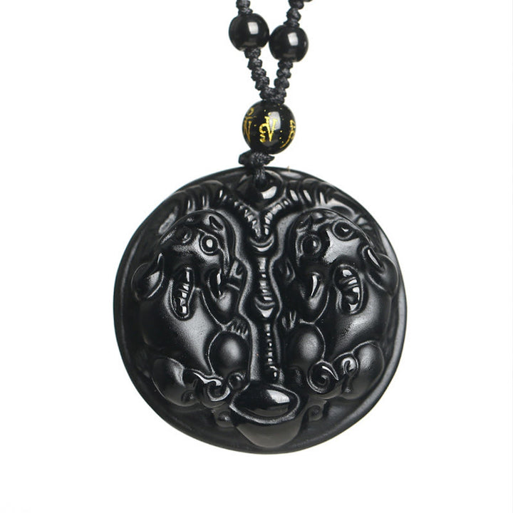 Buddha Stones Black Obsidian Double Pixiu Bead Rope Purification Necklace Pendant