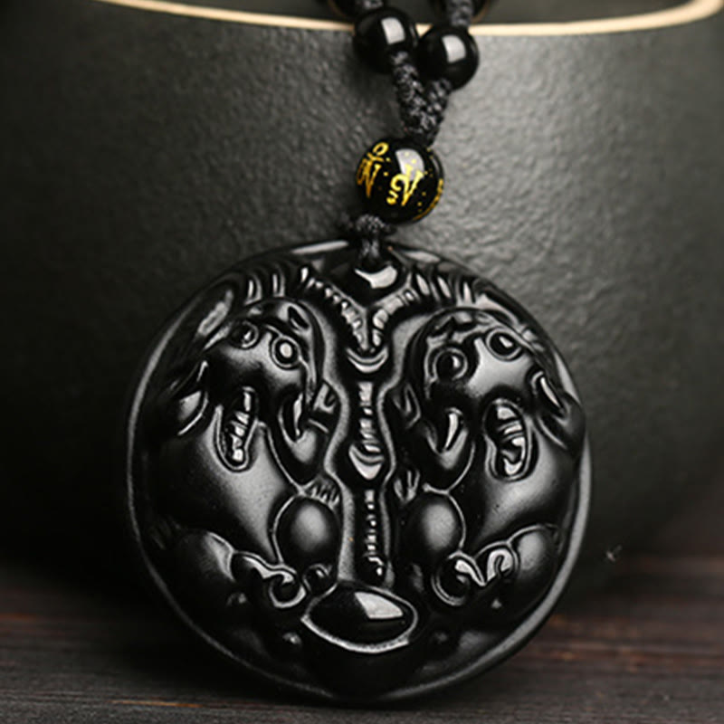 Buddha Stones Black Obsidian Double Pixiu Bead Rope Purification Necklace Pendant