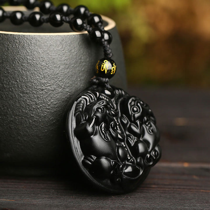 Buddha Stones Black Obsidian Double Pixiu Bead Rope Purification Necklace Pendant