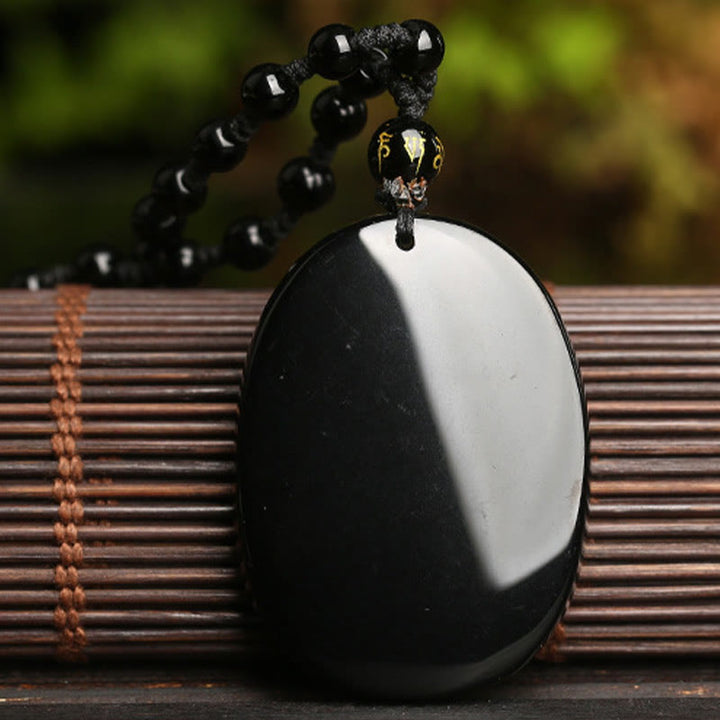 Buddha Stones Black Obsidian Koi Fish Bead Rope Fulfilment Strength Necklace Pendant