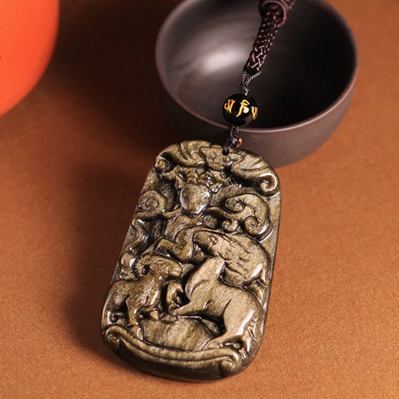 Buddha Stones Gold Sheen Obsidian Three Goats Bring Good Luck Pattern Wealth Necklace Pendant