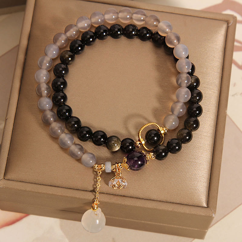 Buddha Stones Gold Sheen Obsidian Gray Agate Lotus Charm Strengthen Double Wrap Bracelet