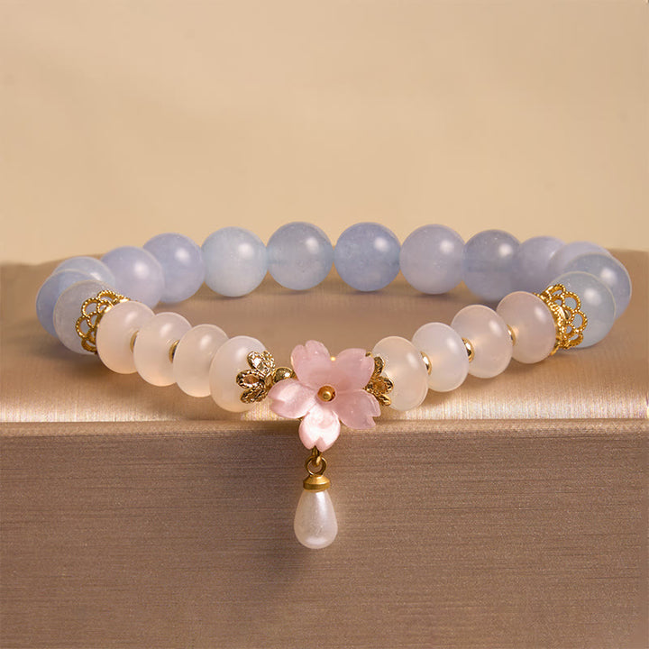 Buddha Stones Aquamarine White Agate Pearl Abacus Beads Flower Healing Bracelet