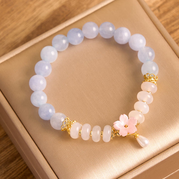 Buddha Stones Aquamarine White Agate Pearl Abacus Beads Flower Healing Bracelet