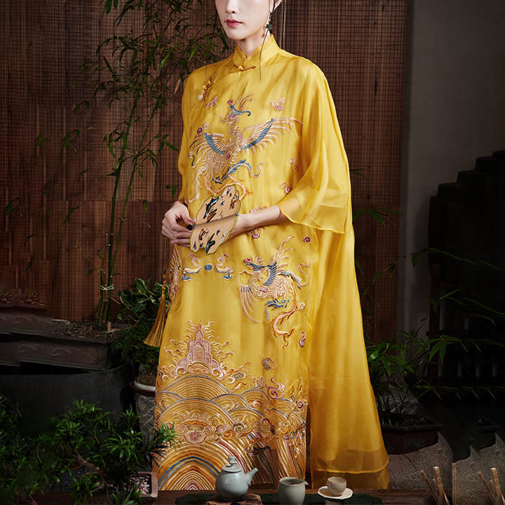 Buddha Stones 100% Mulberry Silk Organza Dress Embroidered Yellow Phoenix Qipao Cheongsam Dress