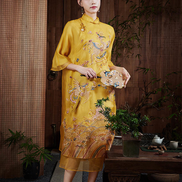 Buddha Stones 100% Mulberry Silk Organza Dress Embroidered Yellow Phoenix Qipao Cheongsam Dress