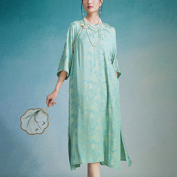 Buddha Stones Small Flower Leaf Jacquard Chinese Cheongsam Qipao Midi Dress With Pockets - Green - US12，UK/AU16，EU44 (XL) - image 0