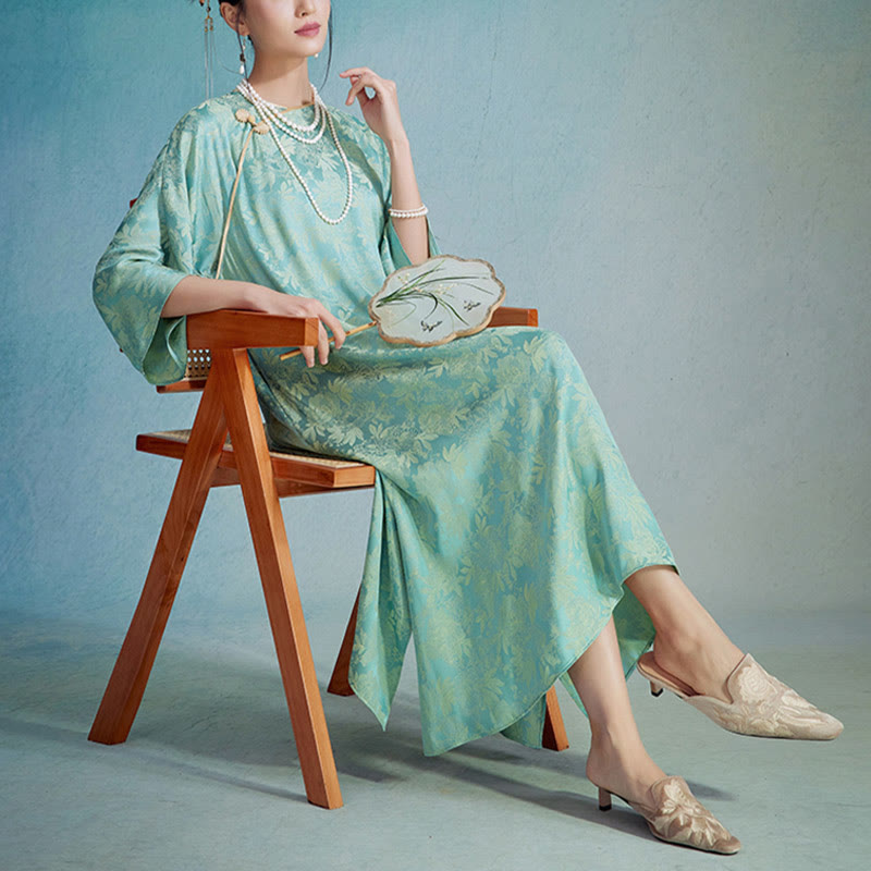 Buddha Stones Small Flower Leaf Jacquard Chinese Cheongsam Qipao Midi Dress With Pockets - image 3