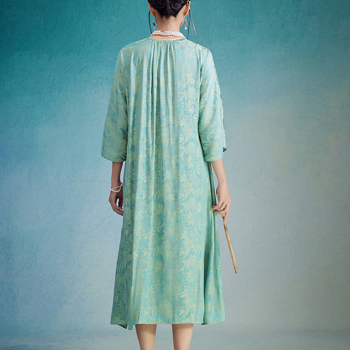 Buddha Stones Small Flower Leaf Jacquard Chinese Cheongsam Qipao Midi Dress With Pockets - image 2