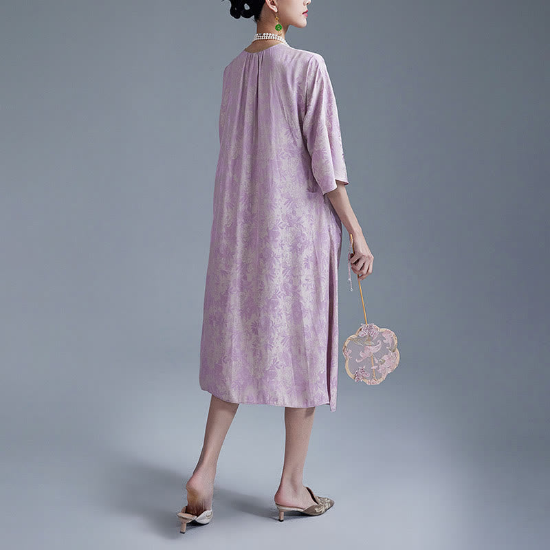 Buddha Stones Small Flower Leaf Jacquard Chinese Cheongsam Qipao Midi Dress With Pockets - image 8