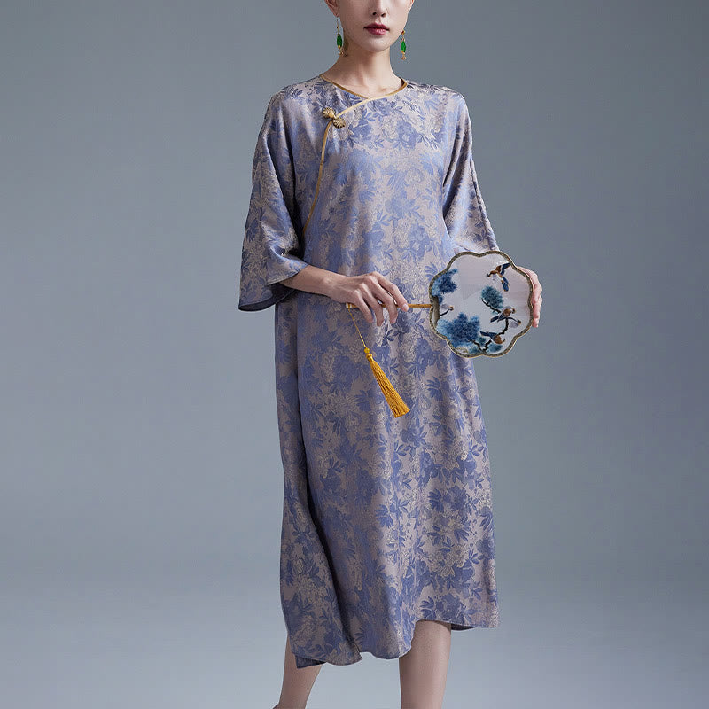 Buddha Stones Small Flower Leaf Jacquard Chinese Cheongsam Qipao Midi Dress With Pockets - Dark Purple - US12，UK/AU16，EU44 (XL) - image 10