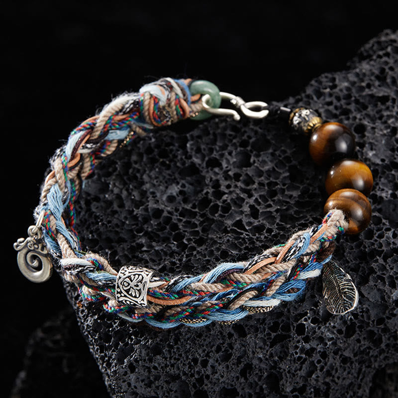 Buddha Stones 925 Sterling Silver Tiger's Eye Colorful Cotton Rope Handmade Willpower Bracelet