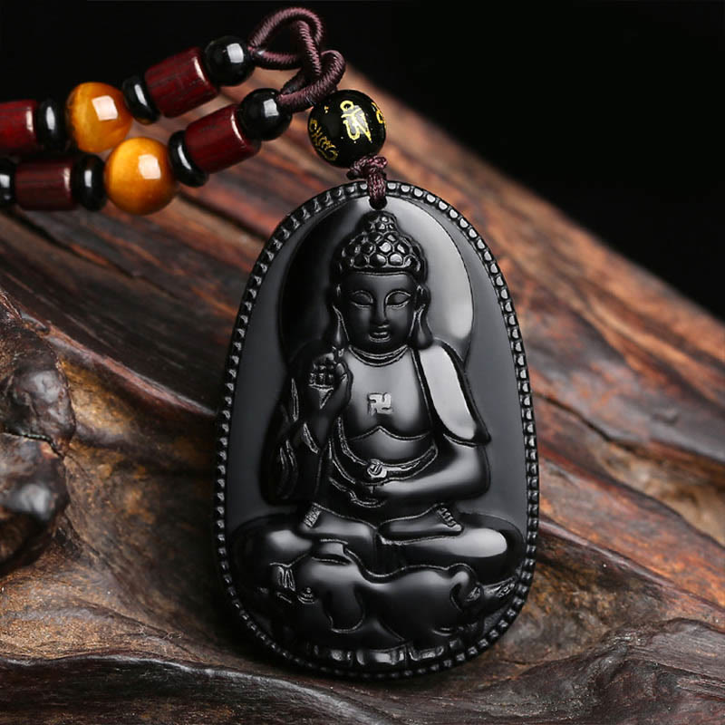 Buddha Stones Chinese Zodiac Natal Buddha Natural Black Obsidian Purification Necklace Pendant