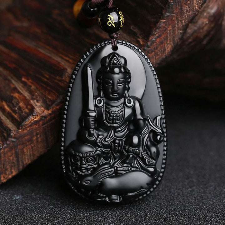 Buddha Stones Chinese Zodiac Natal Buddha Natural Black Obsidian Purification Necklace Pendant