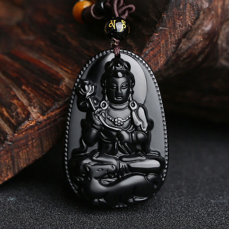 Buddha Stones Chinese Zodiac Natal Buddha Natural Black Obsidian Purification Necklace Pendant