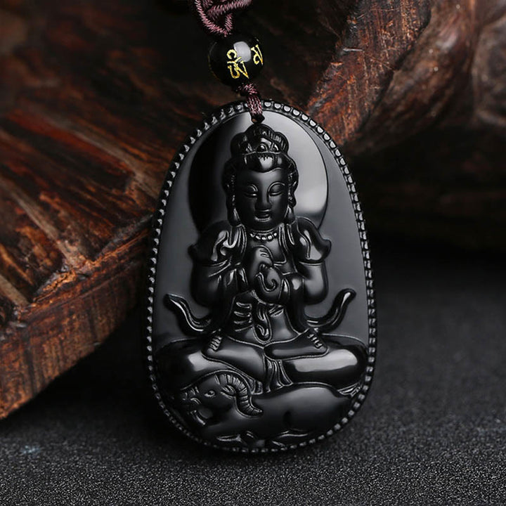 Buddha Stones Chinese Zodiac Natal Buddha Natural Black Obsidian Purification Necklace Pendant