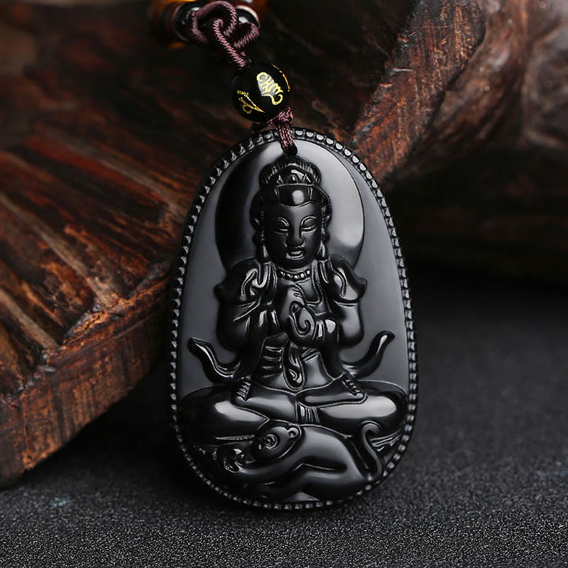 Buddha Stones Chinese Zodiac Natal Buddha Natural Black Obsidian Purification Necklace Pendant