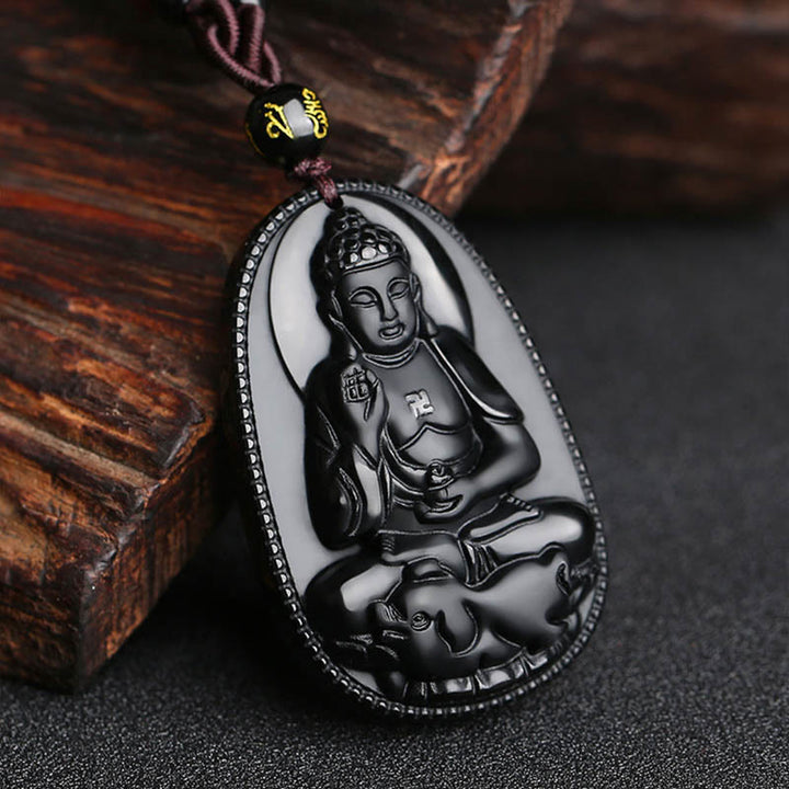 Buddha Stones Chinese Zodiac Natal Buddha Natural Black Obsidian Purification Necklace Pendant