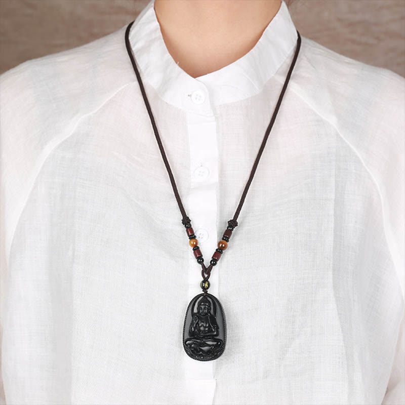 Buddha Stones Chinese Zodiac Natal Buddha Natural Black Obsidian Purification Necklace Pendant