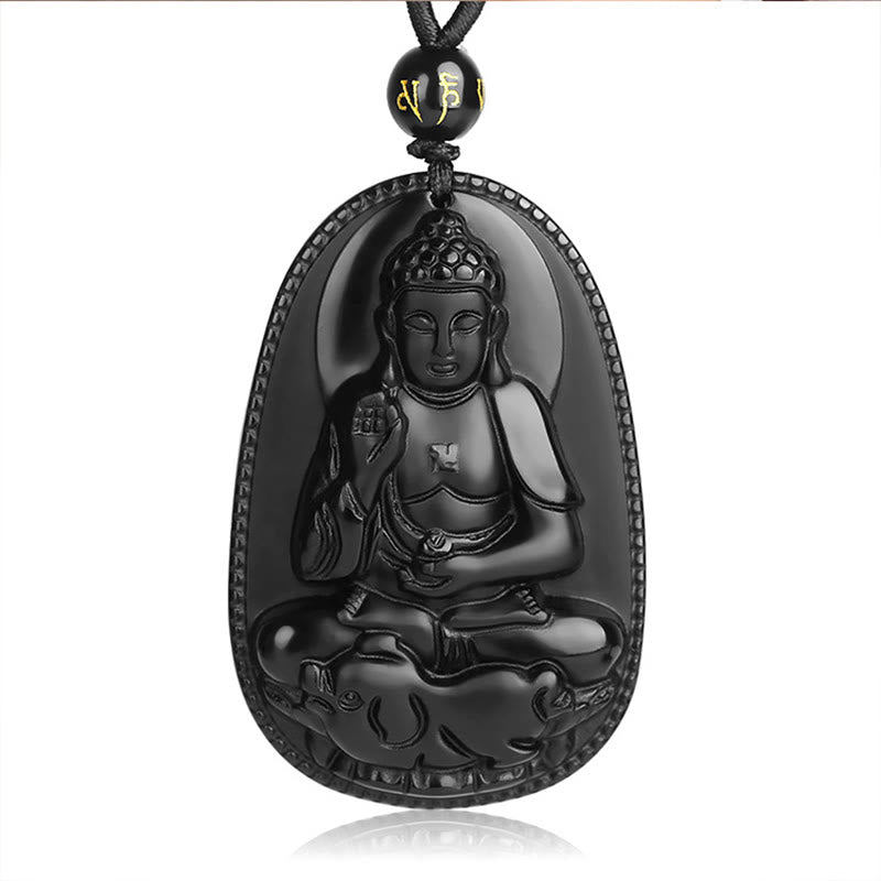 Buddha Stones Chinese Zodiac Natal Buddha Natural Black Obsidian Purification Necklace Pendant - image 12