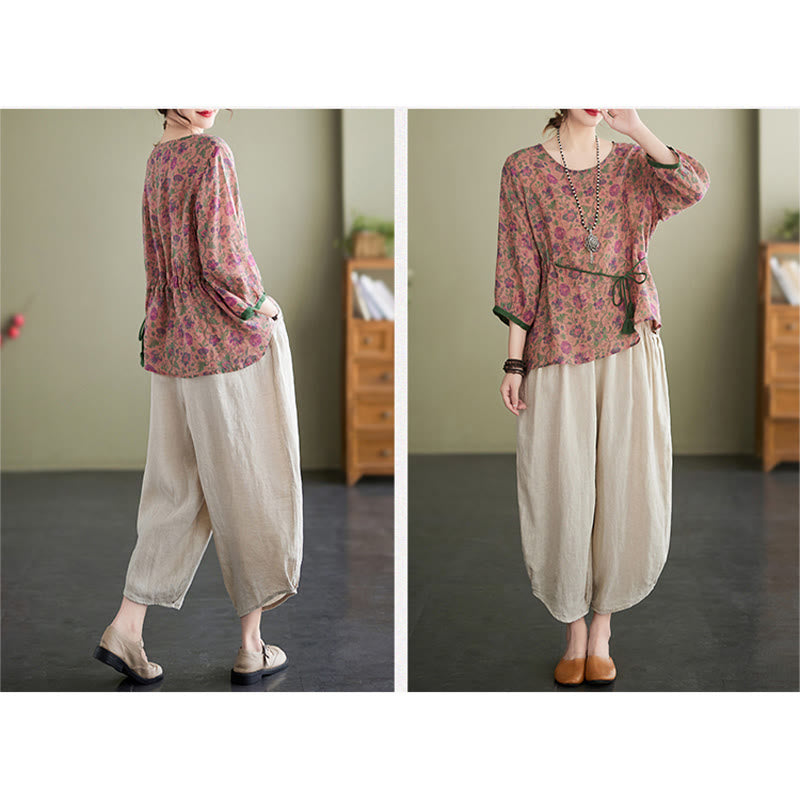 Buddha Stones 2Pcs Small Flower Tee T-shirt Cotton Linen Harem Pants Set