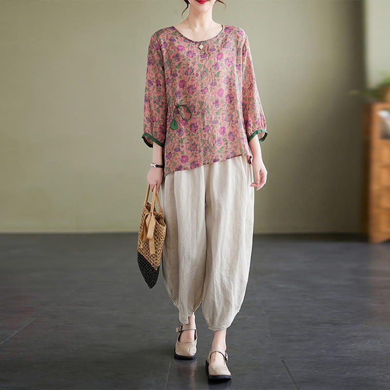 Buddha Stones 2Pcs Small Flower Tee T-shirt Cotton Linen Harem Pants Set