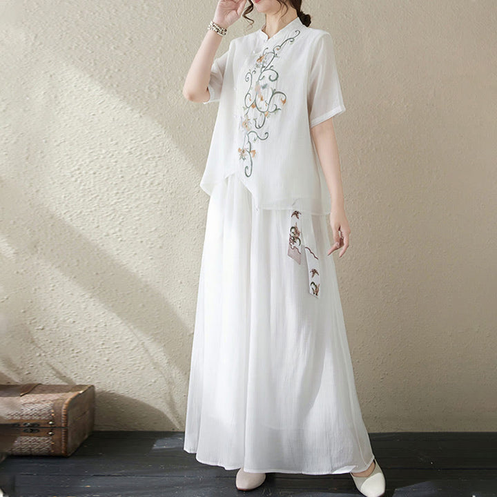 Buddha Stones 2Pcs Flower Embroidery Short Sleeve Tee T-shirt Wide Leg Pants Set