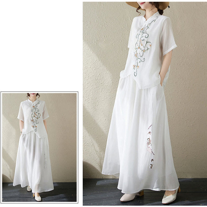 Buddha Stones 2Pcs Flower Embroidery Short Sleeve Tee T-shirt Wide Leg Pants Set - image 16