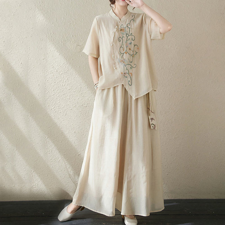 Buddha Stones 2Pcs Flower Embroidery Short Sleeve Tee T-shirt Wide Leg Pants Set - Khaki(Top&Pants) - US6，UK/AU10，EU38 (XL) - image 0