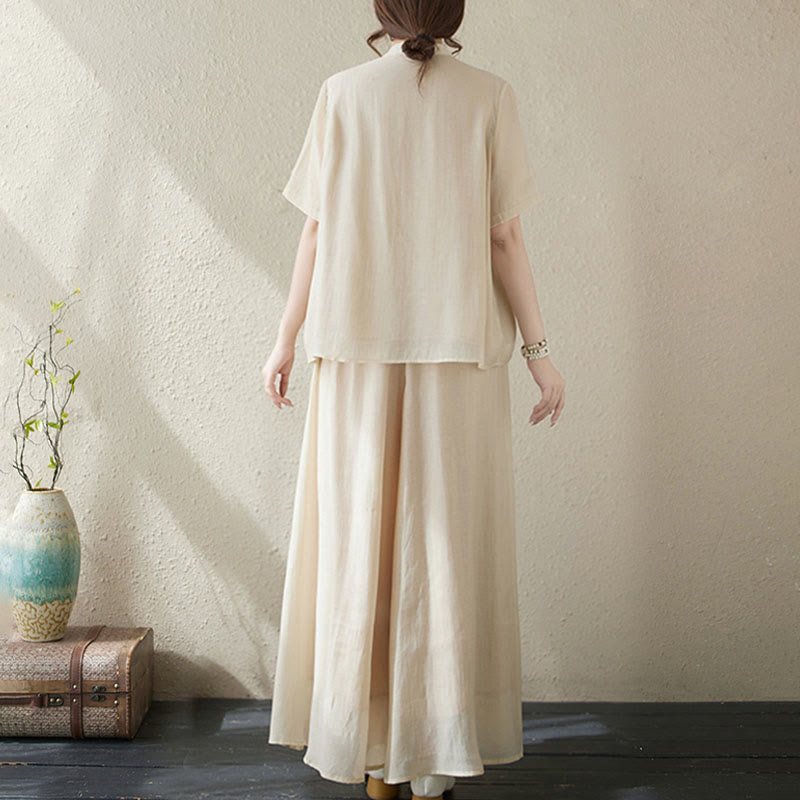 Buddha Stones 2Pcs Flower Embroidery Short Sleeve Tee T-shirt Wide Leg Pants Set - image 2