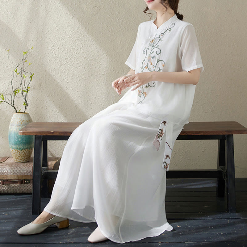Buddha Stones 2Pcs Flower Embroidery Short Sleeve Tee T-shirt Wide Leg Pants Set - image 14