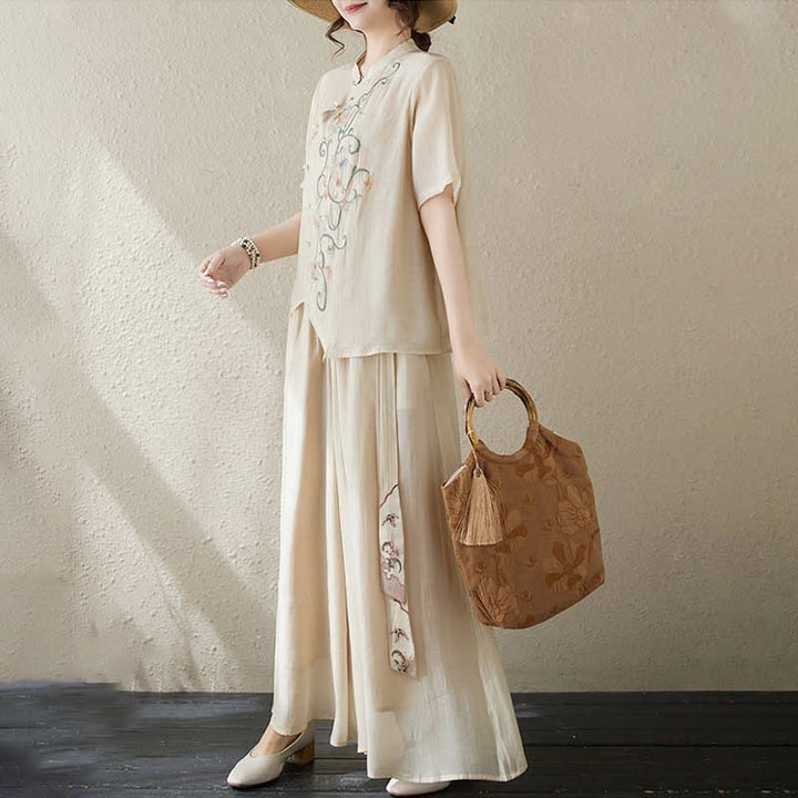 Buddha Stones 2Pcs Flower Embroidery Short Sleeve Tee T-shirt Wide Leg Pants Set - image 3