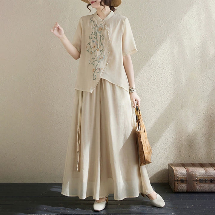 Buddha Stones 2Pcs Flower Embroidery Short Sleeve Tee T-shirt Wide Leg Pants Set - image 5