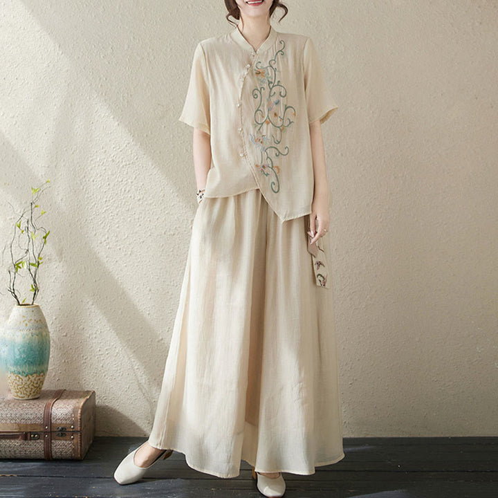 Buddha Stones 2Pcs Flower Embroidery Short Sleeve Tee T-shirt Wide Leg Pants Set - image 6